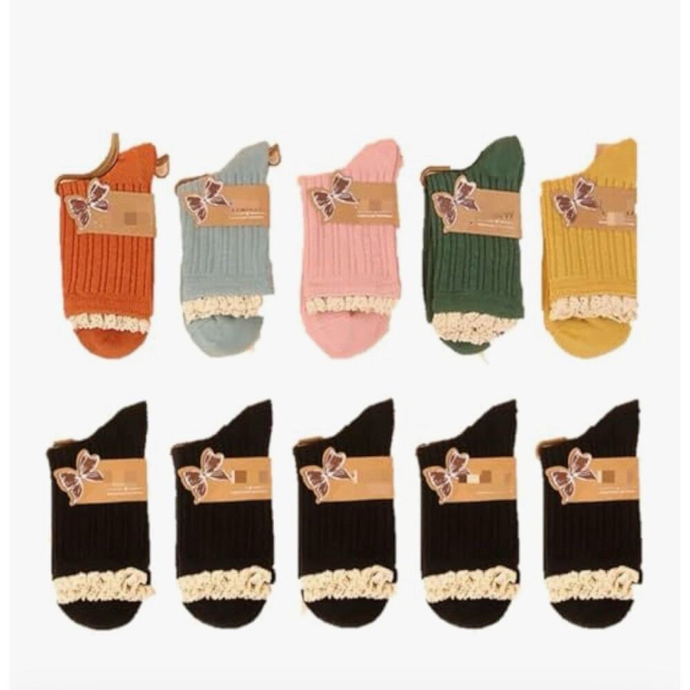 Mid-Calf Ruffle Socks - 70% Cotton, Cute & Comfy for Women (10Pairs)